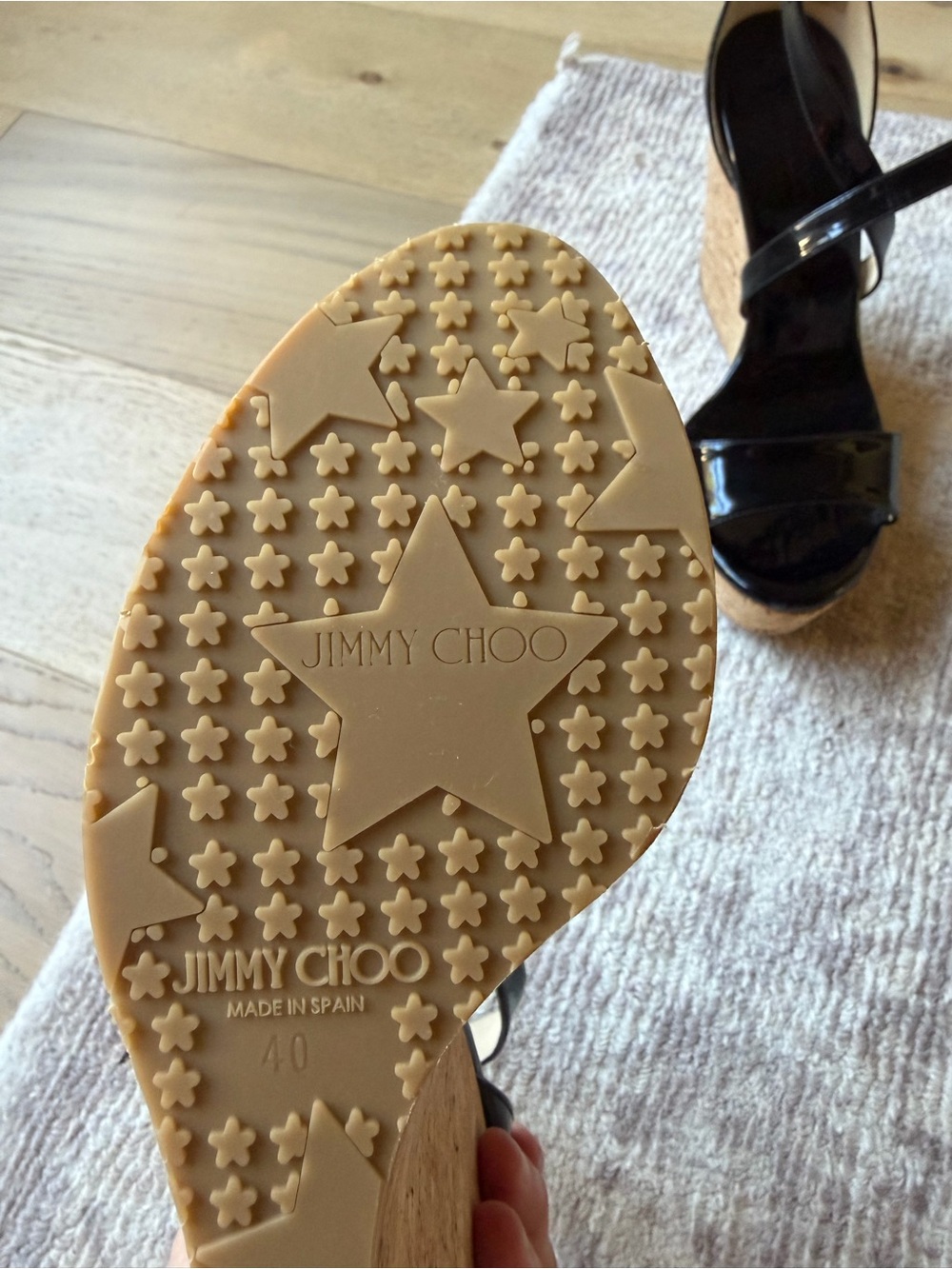 Jimmy Choo Black Patent Cork Wedge Sandals